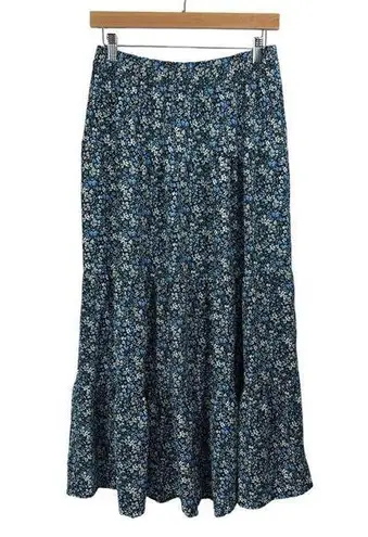VERO MODA Maxi Skirt Blue Floral Broomstick Boho Tiered A-line Elastic Size M