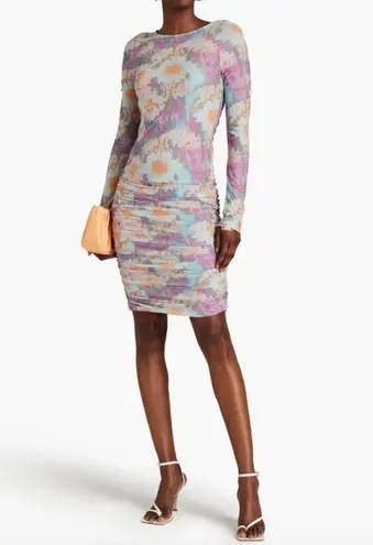 New Rotate Ulla Floral Print Ruched Mesh Long Sleeve Bodycon Dress Size 2 Multi