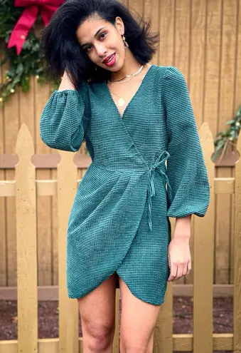 Simplee Apparel Simplee Green Faux Wrap Corduroy Dress with Side Tie Medium