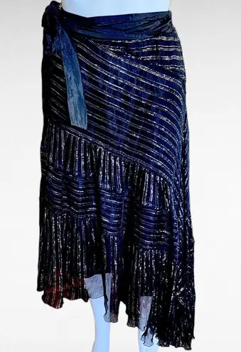 WD•NY WD.NY Black Metallic Diagonal Stripe Assymetric Hem Silk Midi Skirt Size 6