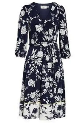 Eliza J  Floral Print Faux Wrap V-Neck Waist Tie Dress Blue White Size 4 NWT