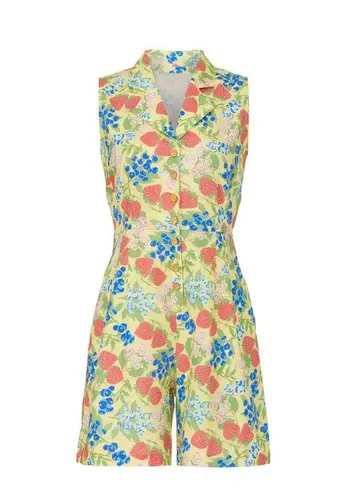 Rachel Antonoff Kitty Strawberry Fruit Print Sleeveless Collared Linen Romper 2 Yellow