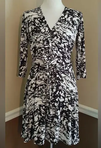 Leota Black & Cream Print Faux-Wrap 3/4 Sleeve Stretch ModCloth Dress Small