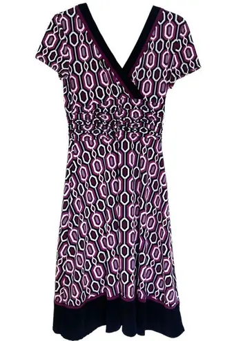 Studio I Purple Black Trim Printed Midi Formal V Neck Short Sleeve Dress Size 6