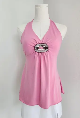 Y2K No Boundaries Pink Halter Top Beaded Rhinestone Front Detail Tank S
