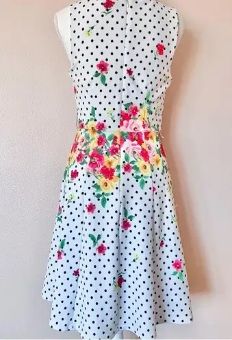 Elle White, Black Red Pink Green & Yellow Polkadot Floral Sleeveless Dress.