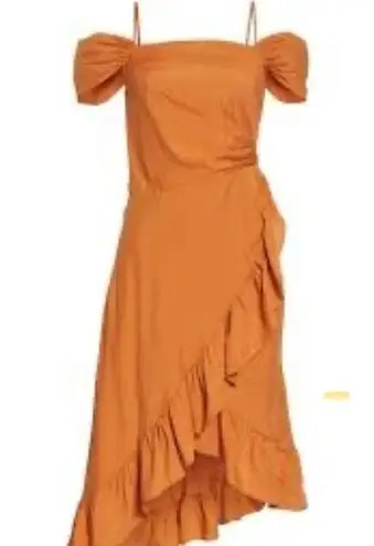 Maje Routila Wrap-Effect Cold-Shoulder Ruffled Broadcloth Dress - Orange