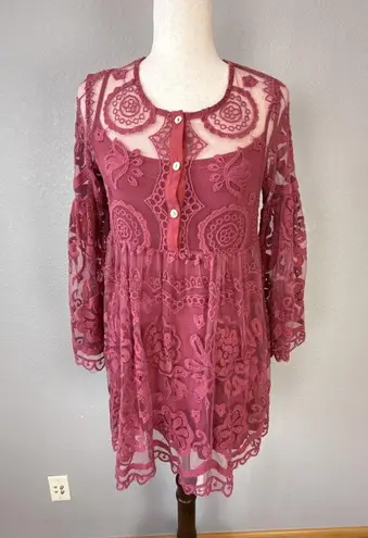 Jens Pirate Booty Free People El Sol Dark Rose Lace Babydoll Mini Dress Size S Pink