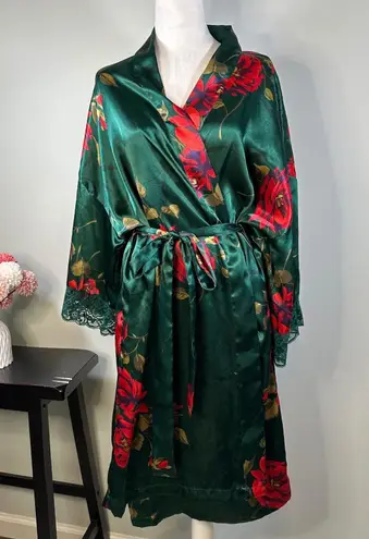 VTG Solange Satin Green Floral Lace Trim Kimono Robe Women's XL