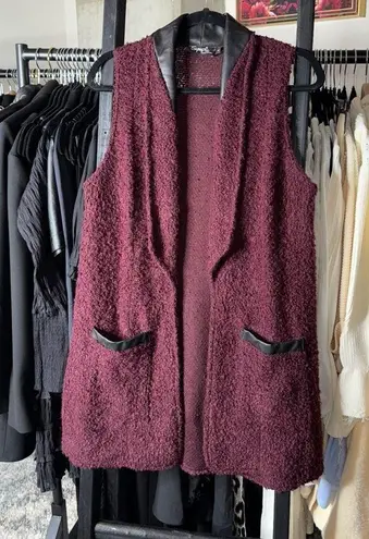 Sympli Bouclé Textured Open Front Vest with Faux Leather Trim in Burgundy Purple Size 8