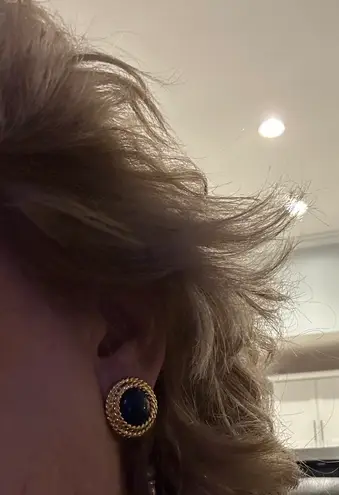 Napier Vintage Clip On Screw Back Earrings Gold Tone Rope Frame Blue Cabochons