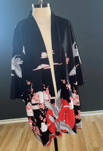 Open Front Flowers Crane Print Kimono Cardigan