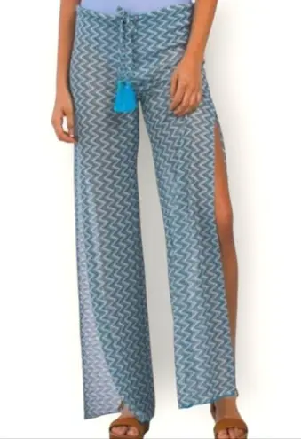 Becca  Blue Jacquard Crochet Beach Pants Size M Drawstring Wide Leg Slit Palazzo