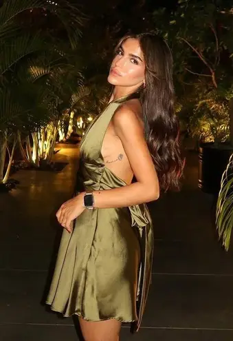 ZARA  dress halter open back tie bow Elegant Olive Green Satin wedding party