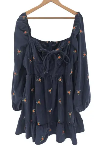 Cider Women's Navy Blue Corduroy Floral Embroidered Long Sleeve Mini Dress 1XL