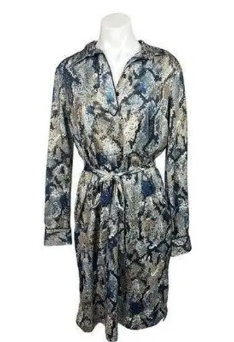 Multicolor Snake Skin Animal Print Long Sleeve Tie Waist Midi Shirt Dress Size S