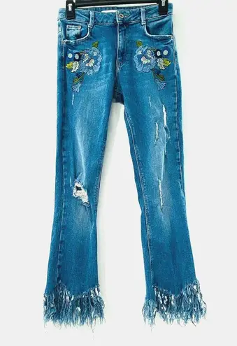 ZARA  Embroidered Midrise Mini Flare Leg Distressed Cropped Denim Jeans Size 2