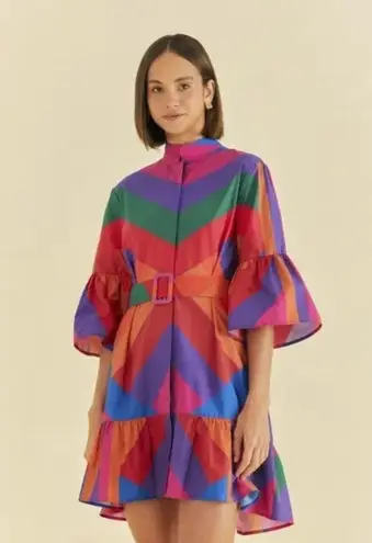 Farm Rio NWT Amanda Stripes Mini in Rainbow Stripe Cotton Shirt Dress L