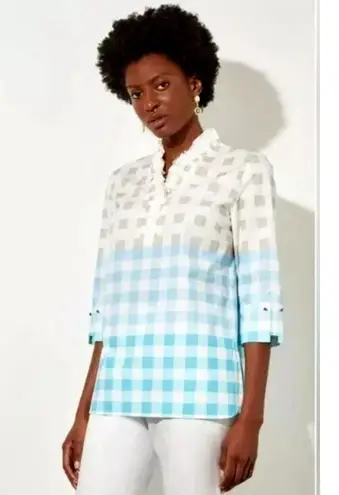 Ming Wang Top Womens 2XL Tan Blue Check Gingham Poplin 100% Cotton Tunic Ruffle
