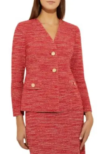 Misook V-Neck Tweed Jacket Knit Gold Button Closure Red Orange Size M Office