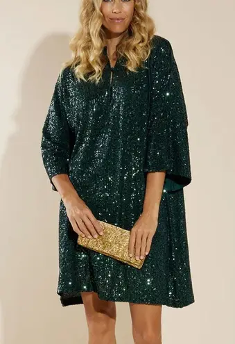 Jude Connally Delia Sequins Dress Palace Green Bell Sleeves Shift Size Small New