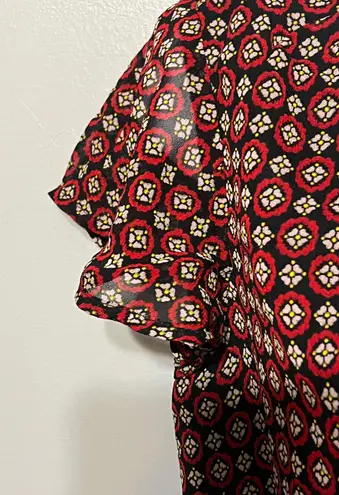 Dip Printed Flutter Sleeve Fit & Flare Dress Red Navy Fringe Tie Smock Waist XS Multiple