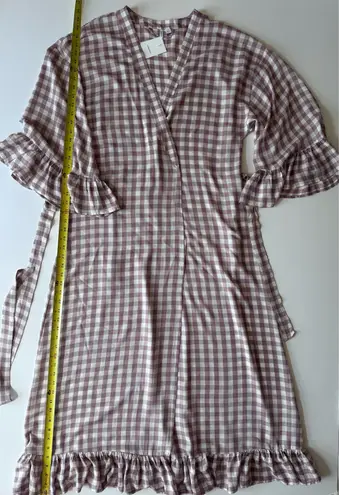 Nordstrom  Gingham Long Robe Checkered Wrap Dress XL Ruffle Trim Belted Rayon New