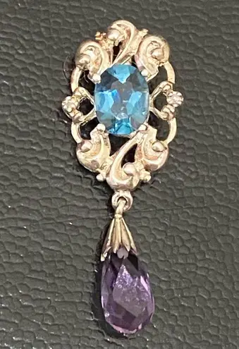 Sterling Silver Vintage 925 Signed Blue Topaz Amethyst Teardrop Pendant 3.9g