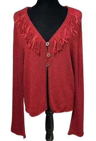 J Jill Red Silk Linen Blend Fringe Artsy Lagenlook Cardigan Sweater Size Medium