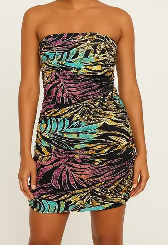 Love j Black Strapless Ruched Mini Dress Tropical Print Party Cocktail Small