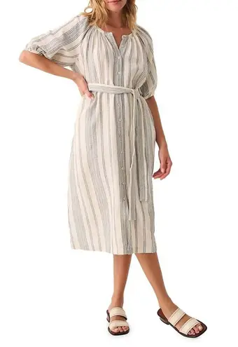 Faherty Dream Cotton Carmel Stripe Gauze Midi Shirt Dress Cream/Blue Sz XS NWT