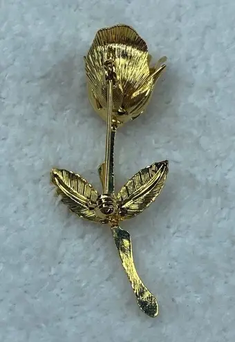 Gold Tone Long Stem Bud Rose Pin Brooch Leaves Stem Flower Vintage