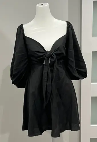 Charlie Holiday Black Puff Sleeve Tie Front Mini Dress XS Smocked Back Cutout