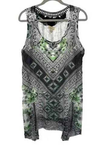 One World Womens Sleeveless Tunic Top XL Green/Black Paisley Print