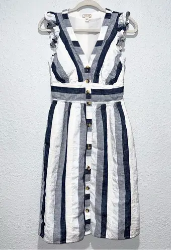 Point Sur Linen Midi Dress Striped Button Front Ruffle
Shoulder Preowned Size 2 White
