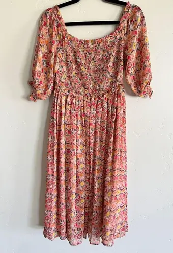 Lili Sidonio woven midi dress ice cream pink floral off the shoulder Large NWT