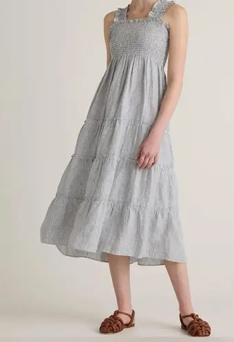 Quince 100% European Linen Smocked Midi Dress Navy Blue & White Fabric sz Small