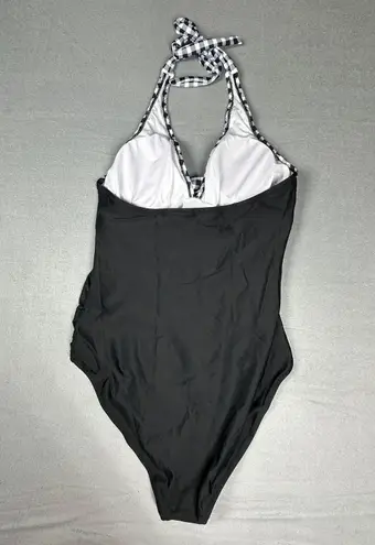 Womens Swimsuit Large Black and White Gingham Halter Tie Deep V Neck One Piece