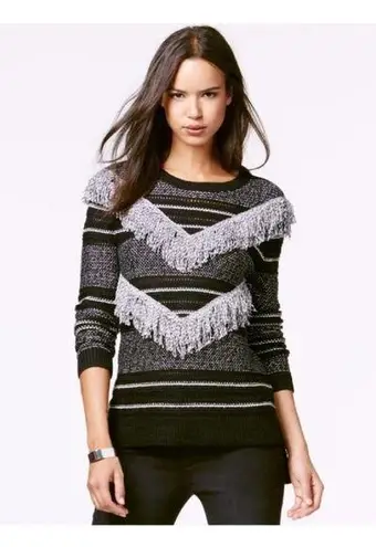 Rachel Roy Black Fringed Striped Sweater XL