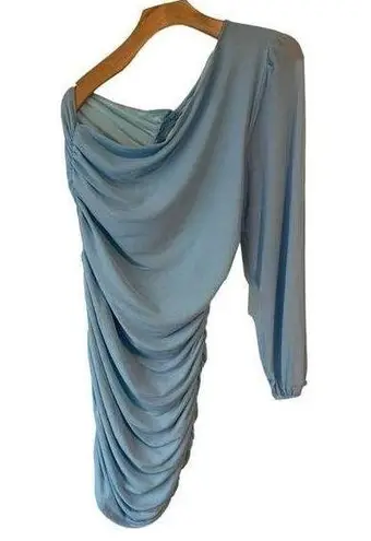 Lyaner Dress Womens Large Blue One Shoulder Sleeve Short Prom Cocktail Chiffon