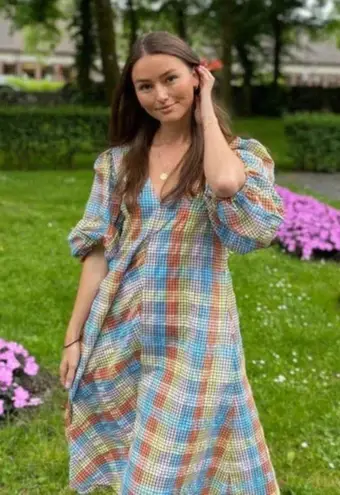 Ganni ππ Seersucker Check Dress ~ Midi Tent Plaid Picnic Balloon Sleeve Size 40