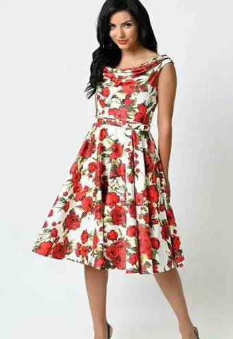 Unique Vintage Rose Belted Fleur Swing Dress