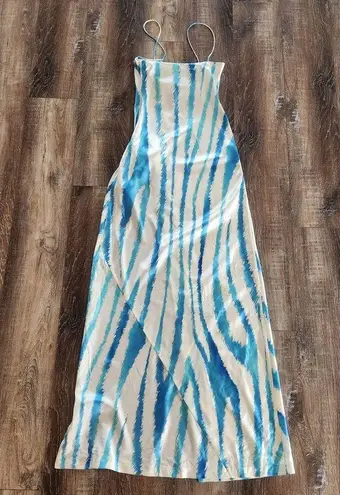 Retrofete Amika Dress in Blue Zebra Size Small Sleeveless Maxi Silk Thigh Slit