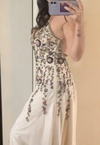 Scala Floral Beaded Prom Dress in Champagne