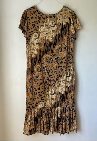 Vintage 90s Floral Animal Print Ruffle Midi Dress M Multiple Size M
