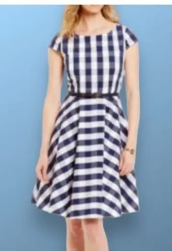Alex Marie Blue & White Buffalo Plaid Cap Sleeve Fit & Flare Round Neck Dress 16