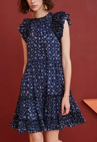 Ulla Johnson Joan Mini Dress Ultramarine Navy Floral Print Ruffle Tiered Size 4