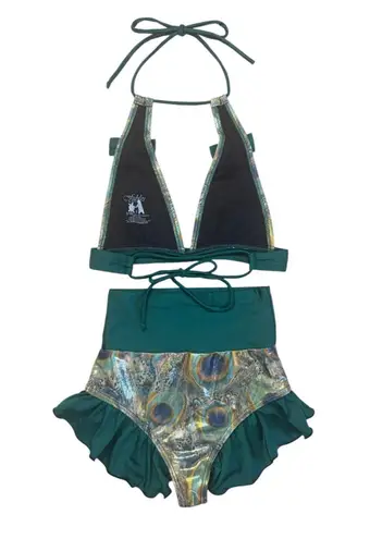 FABLES By BARRIE Custom Metallic Peacock Ruffled Festival Rave Party Bikini Sz S Green