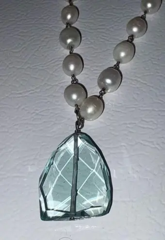 Fresh Water Pearl & Aqua Tear Drop Crystal Statement Necklace Glamorous Jewelry Silver