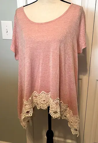 JODIFL Womens Size Small Oversized Pink Lace Trim Short Sleeve Flowy Top Blouse